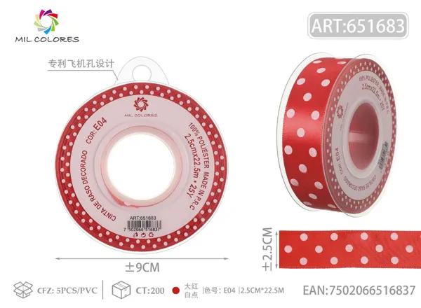 Cinta de poliéster 2.5cm*22.5m.25y rojo con puntos blancos E04
