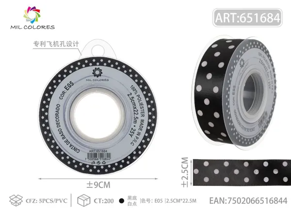 Cinta de poliéster 2.5cm*22.5m.25y negro con puntos blancos E05
