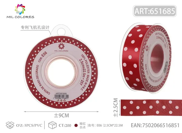 Cinta de poliéster de 2.5cm*22.5m.25y con puntos blancos sobre fondo rojo oscuro E06