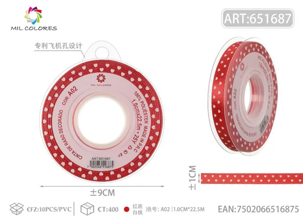 Cinta de poliéster de 1.0cm*22.5m.25y con corazones blancos sobre fondo rojo A02