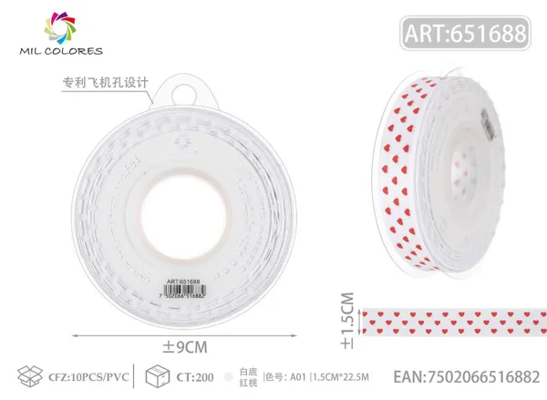 Cinta de poliéster de 1.5cm*22.5m.25y con corazones rojos sobre fondo blanco A01