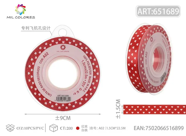 Cinta de poliéster de 1.5cm*22.5m.25y con corazones blancos sobre fondo rojo A02