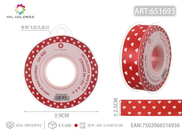 Cinta de poliéster de 2.5cm*22.5m.25y con corazones blancos sobre fondo rojo A02