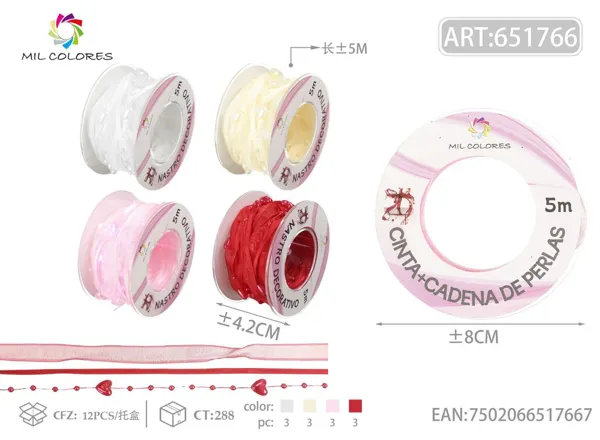 Conjunto de cinta de satén con cuentas de 5m con corazones