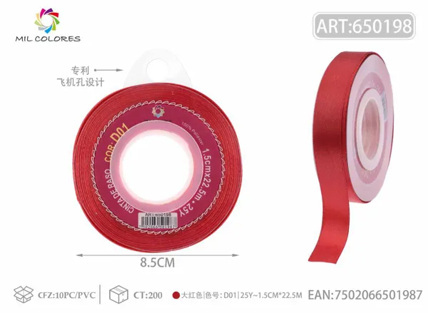 Cinta de raso 1.5cm/25Y D01 rojo