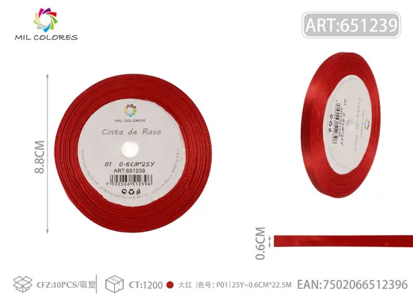 Cinta de satén 0.6cm*25Y con núcleo de espuma P01 rojo brillante