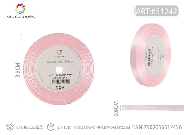 Cinta de satén 0.6cm*25Y con núcleo de espuma P04 rosa bebé