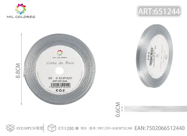 Cinta de satén 0.6cm*25Y con núcleo de espuma P06 gris plata