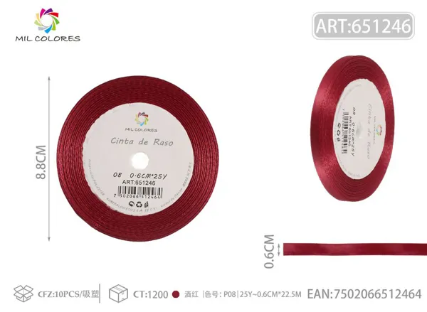 Cinta de satén 0.6cm*25Y con núcleo de espuma P08 rojo vino