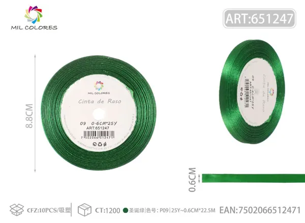 Cinta de satén 0.6cm*25Y con núcleo de espuma P09 verde navideño