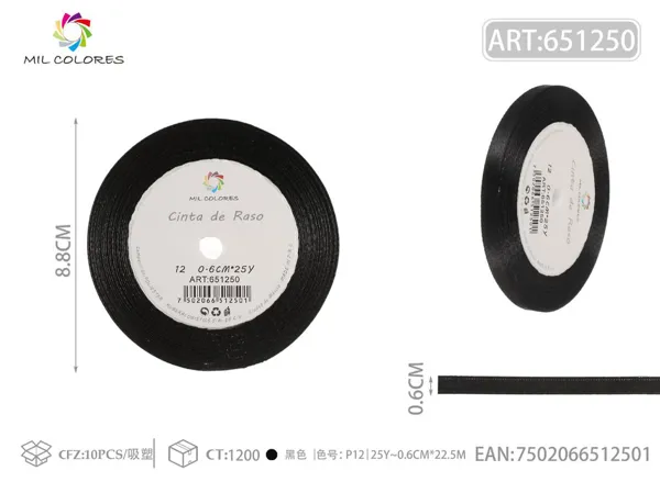 Cinta de raso 0.6cm*25Y núcleo de espuma P12 negro