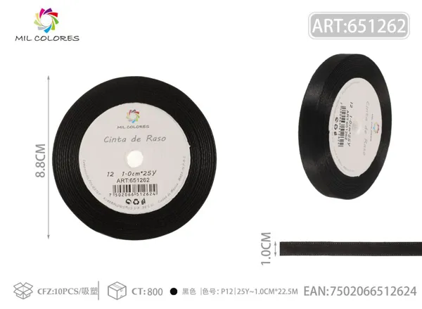 Cinta de raso 1.0cm*25Y núcleo de espuma P12 negro