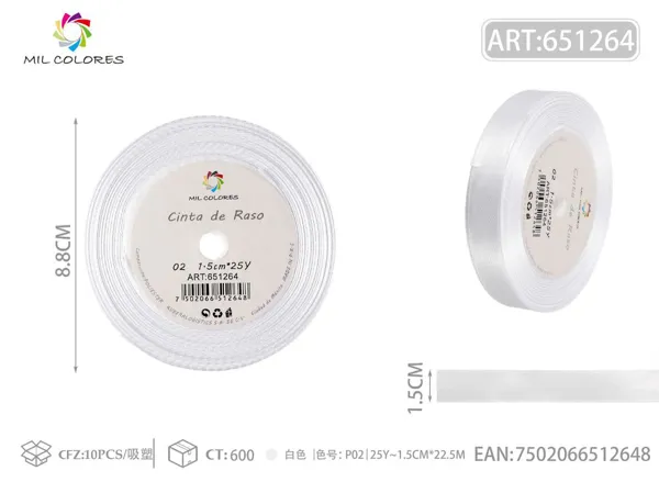 Cinta de raso 1.5cm*25Y núcleo de espuma P02 blanco