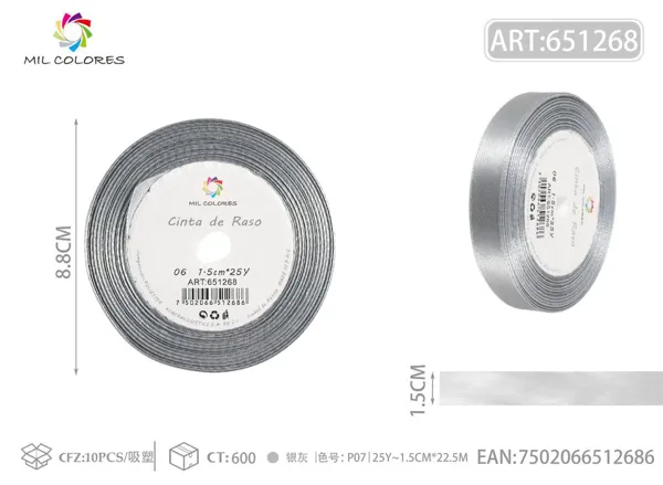 Cinta de raso 1.5cm*25Y núcleo de espuma P06 gris plata