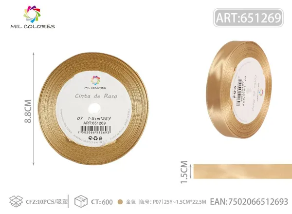 Cinta de raso 1.5cm*25Y núcleo de espuma P07 dorado
