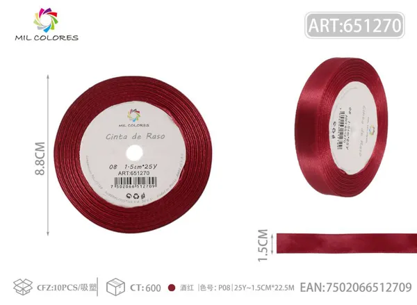 Cinta de raso 1.5cm*25Y núcleo de espuma P08 burdeos