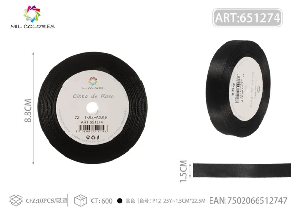 Cinta de raso 1.5cm*25Y núcleo de espuma P12 negro