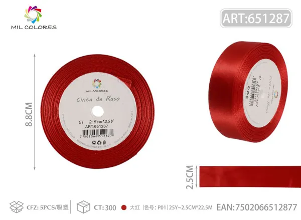 Cinta de raso 2.5cm*25Y núcleo de espuma P01 rojo granate