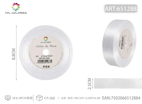 Cinta de raso 2.5cm*25Y núcleo de espuma P02 blanco