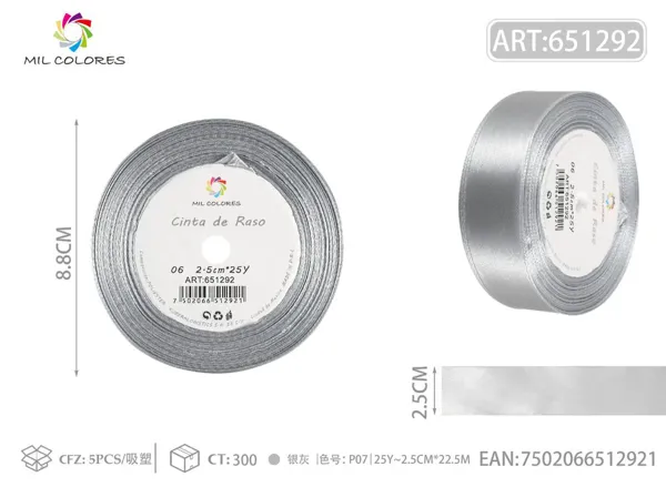Cinta de raso 2.5cm*25Y núcleo de espuma P06 gris plata