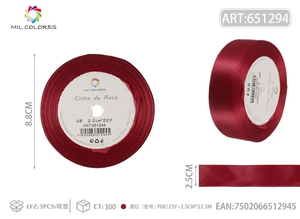 Cinta de raso 2.5cm*25Y núcleo de espuma P08 burdeos