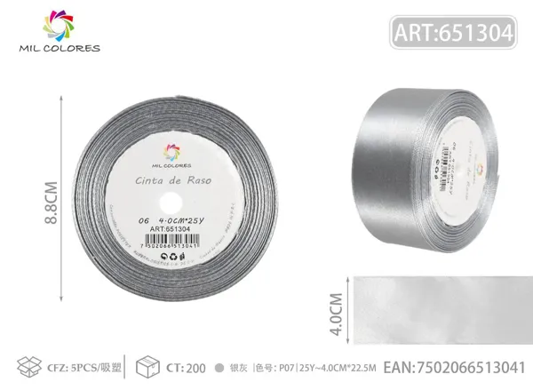 Cinta de raso 4.0cm*25Y núcleo de espuma P06 gris plata
