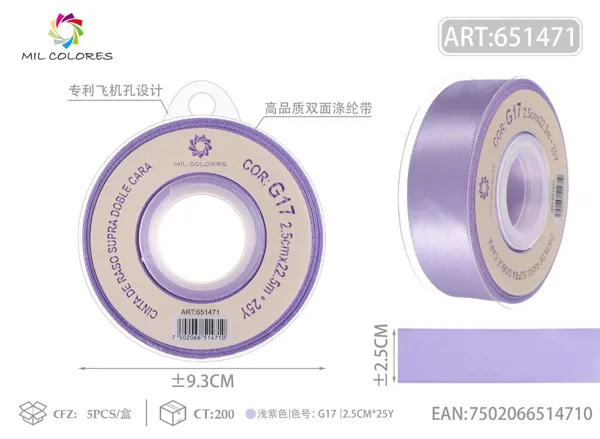 Cinta de poliéster de doble cara de alta calidad 2.5cm*25y G17- Lila claro