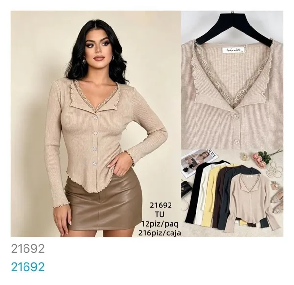 Blusa de punto acanalado con cuello V y encaje-21692