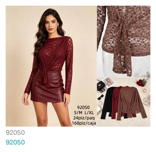 Blusa de encaje con nudo frontal-92050