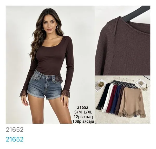 Blusa de manga larga con detalle de encaje-21652