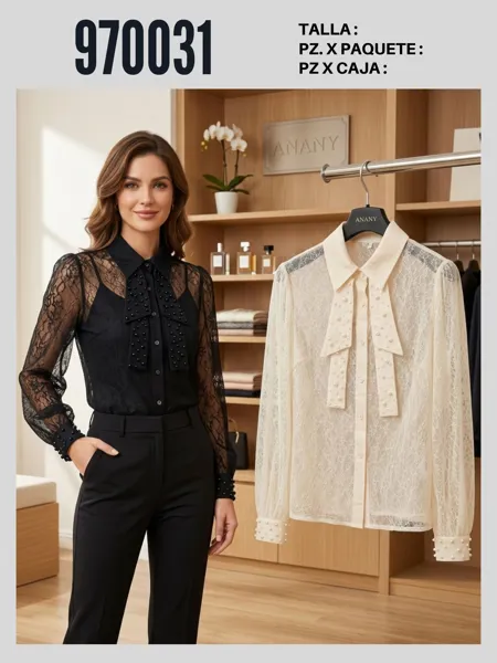 Blusa de encaje con detalles de perlas-MAN-970031