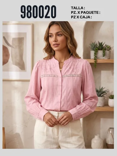 Blusa de mujer con cuello mandarín y bordado-MAN-980020