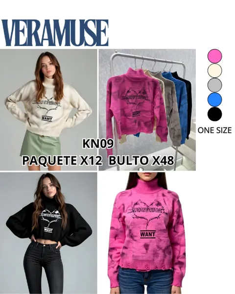 Suéter de punto con estampado de corazón, efecto lavado y detalles de roturas-KN09