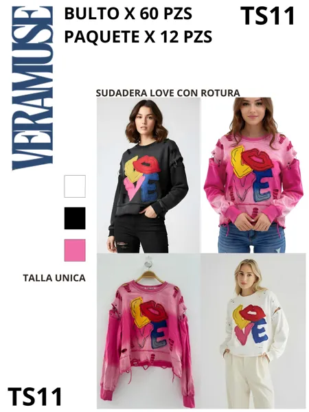 Sudadera con estampado LOVE en relieve y detalles destruidos-TS11