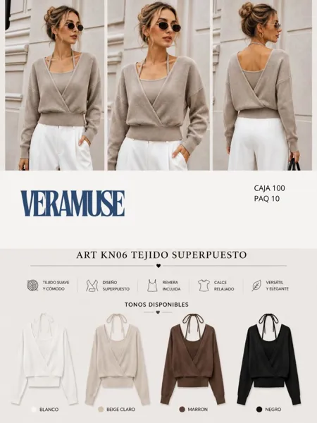Suéter de punto con diseño superpuesto y remera interior-KN06