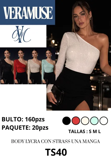 Body de Lycra con Strass de Una Manga-TS40