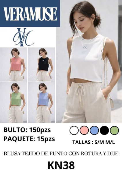 Blusa tejido de punto con rotura y dije-KN38