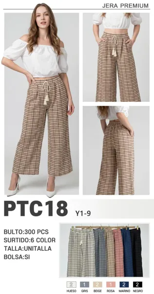 Pantalón a cuadros de corte ancho con jareta-PTC18