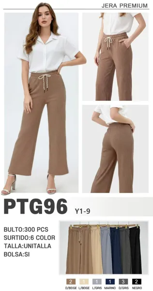 Pantalones casuales acanalados de pierna ancha con cordón-PTG96