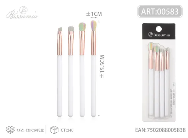 set de 4 brochas de maquillaje con mango blanco y cerdas de colores
