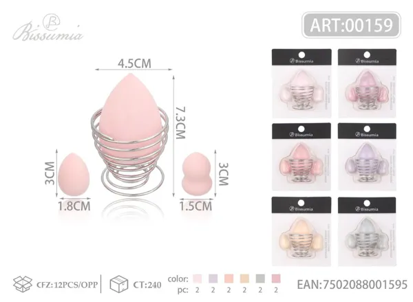 Set de 4 esponjas de maquillaje (grande cortada en diagonal + pequeña en forma de gota + pequeña en forma de calabaza) con soporte