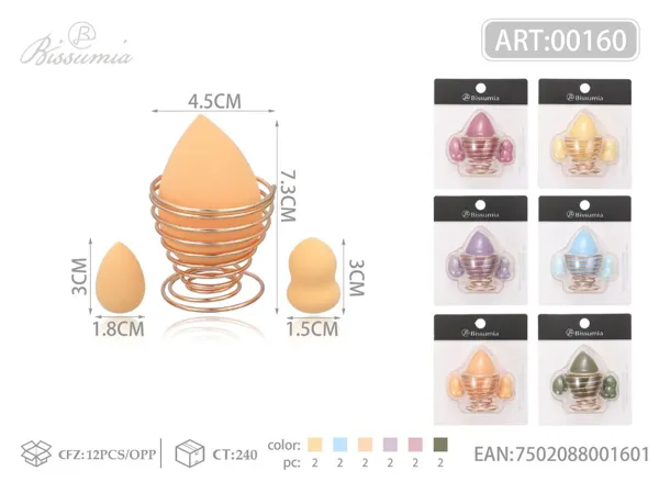 Set de 4 esponjas de maquillaje (grande en forma de gota + pequeña en forma de gota + pequeña en forma de calabaza) con soporte