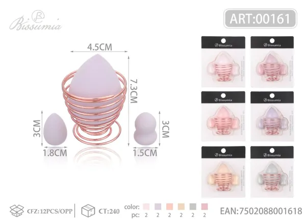Set de 4 esponjas de maquillaje (grande en forma de gota + pequeña en forma de gota + pequeña en forma de calabaza) con soporte