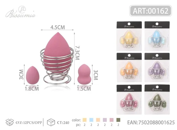 Set de 4 esponjas de maquillaje (grande en forma de gota + pequeña en forma de gota + pequeña en forma de calabaza) con soporte