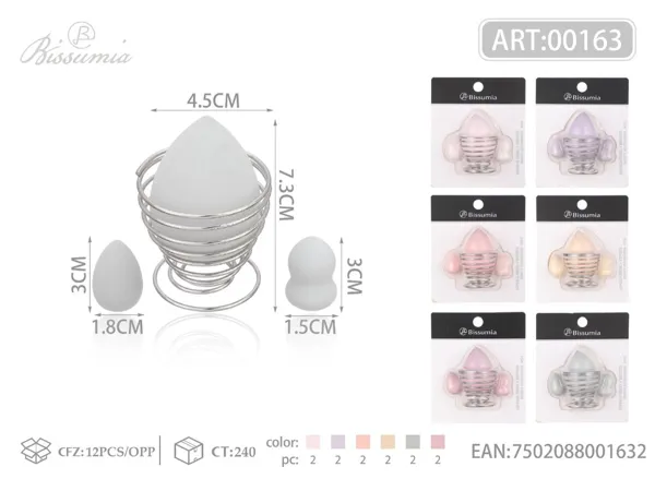 Set de 4 esponjas de maquillaje (grande en forma de gota + pequeña en forma de gota + pequeña en forma de calabaza) con soporte