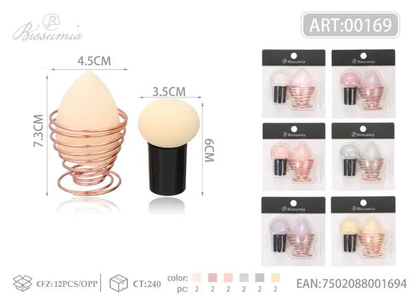 Set de 3 esponjas de maquillaje (grande cortada en diagonal + seta) con soporte