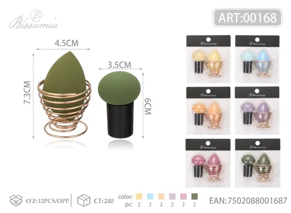 Set de 3 esponjas de maquillaje (grande cortada en diagonal + seta) con soporte