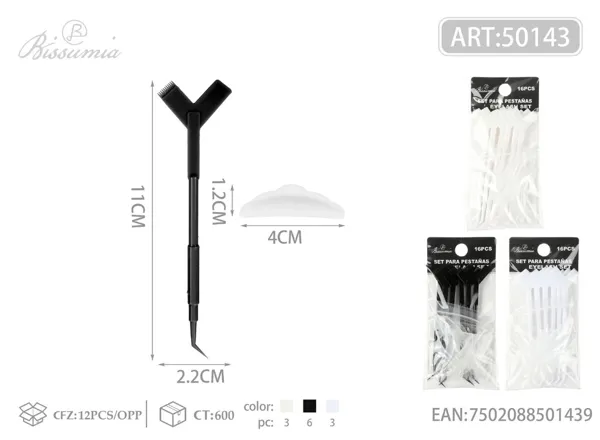 Cepillo en forma de Y para cejas 11.5*3cm 6pcs + almohadillas de silicona 4.5*1.4cm S-L cinco pares 10pcs/paquete