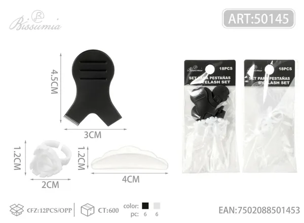 Cepillo en forma de Y para pestañas 4.3*3.3cm 4pcs + taza para pestañas con forma de corazón 2.3*1.3cm 4pcs + almohadillas de silicona 4.5*1.4cm S-L cinco pares 10pcs/paquete