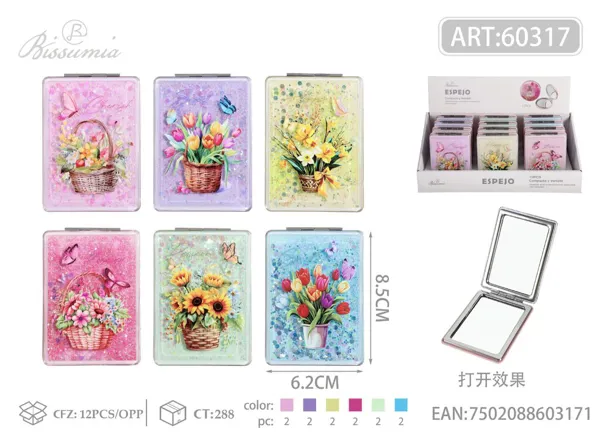 pequeño espejo doble plegable rectangular con diseño de cesta de flores 8.5*6.2cm